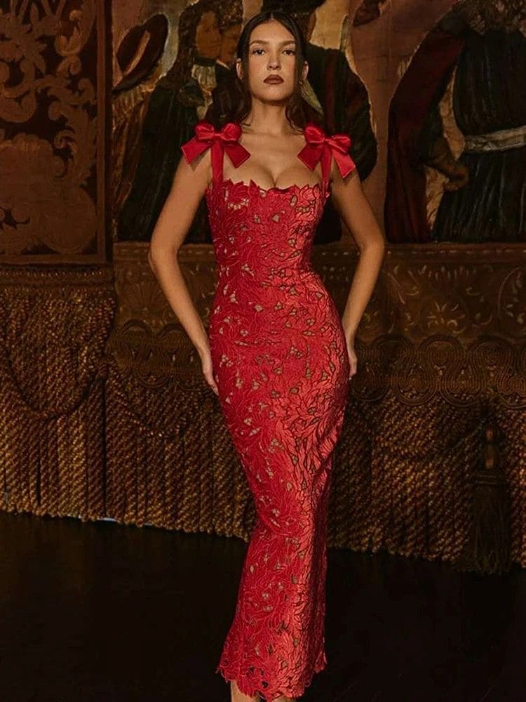Vestido longo de renda vermelho perfeito para formatura e festas sofisticadas – Moda Origem