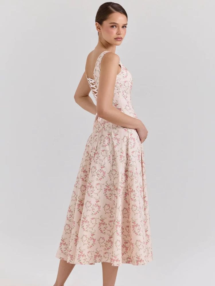 Vestido midi com alças largas visto de lado - Moda Origem