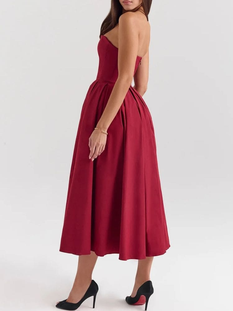 Vestido midi tomara que caia perfeito para convidadas de casamento -Moda Origem