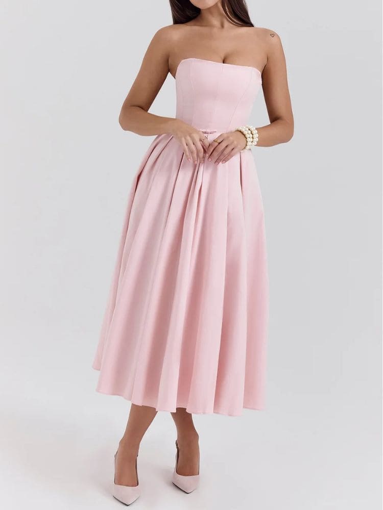 Saia plissada do vestido midi tomara que caia leve e sofisticada -Moda Origem