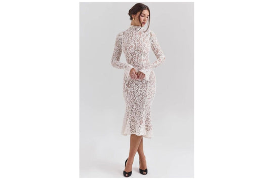 Vestido midi branco de renda com gola alta para festas e casamentos – Moda Origem