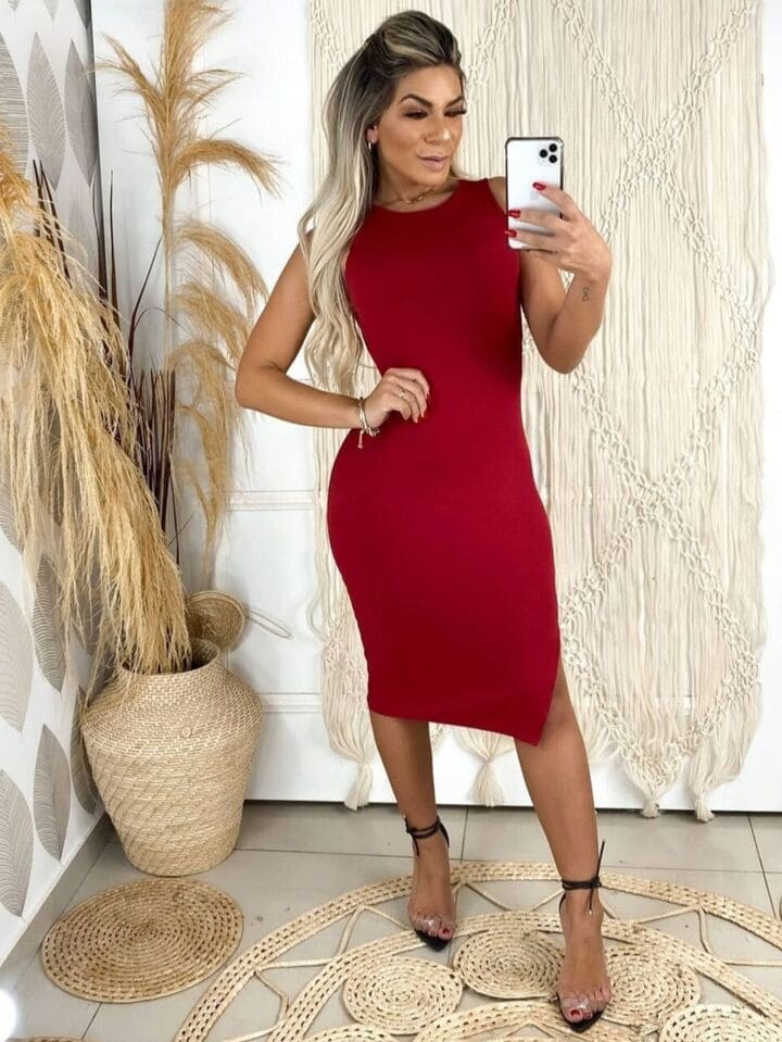 Vestido Midi Regata Fenda Lateral Vinho