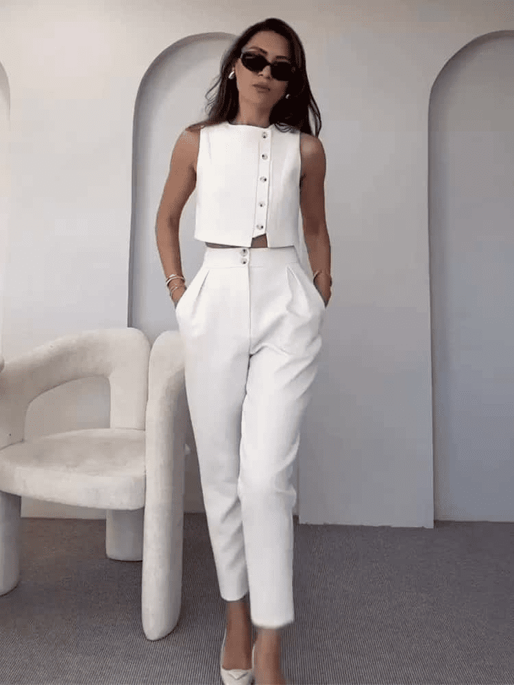 Conjunto Feminino Alfaiataria Calça e Colete Branco