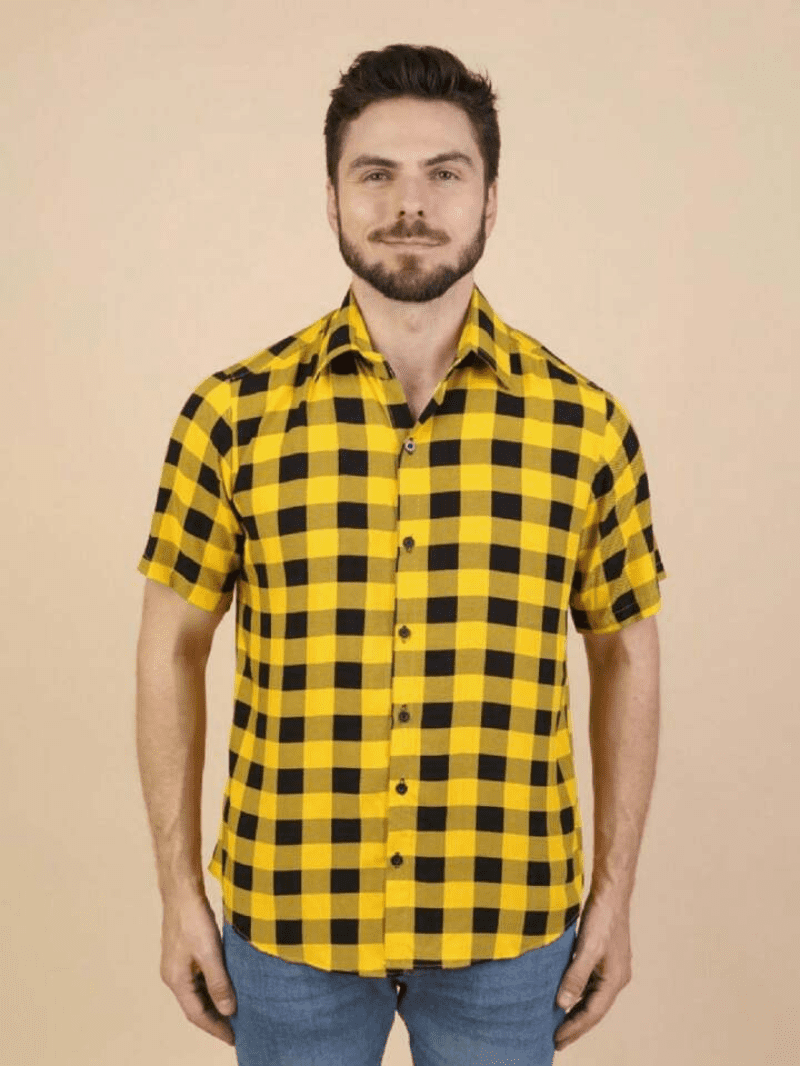 Camisa Xadrez Masculina Manga Curta Slim Amarelo