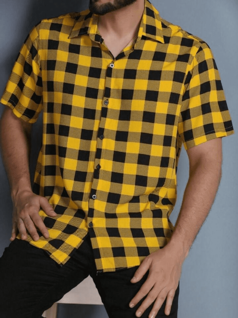 Camisa Xadrez Masculina Manga Curta Slim Amarelo