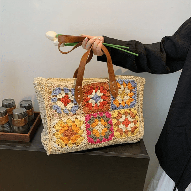 Bolsa de Crochê Quadrada Grande Flores Bege