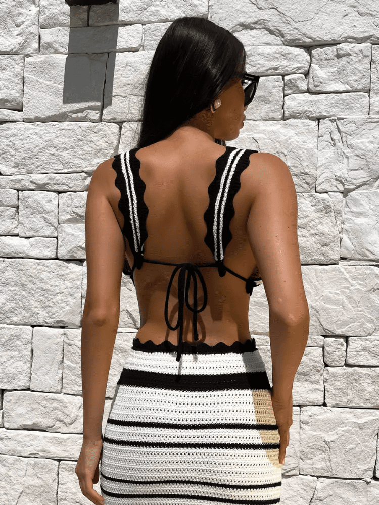 Conjunto Feminino Croche Top e Saia Longa Preto