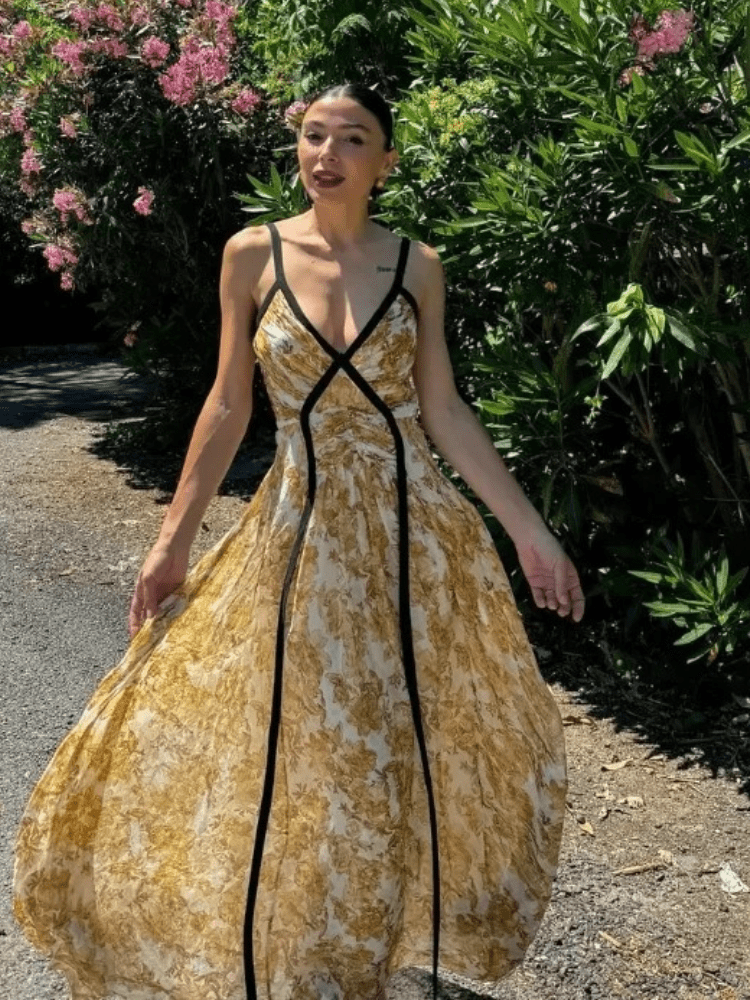 Vestido Floral Longo Plissado Amarelo 