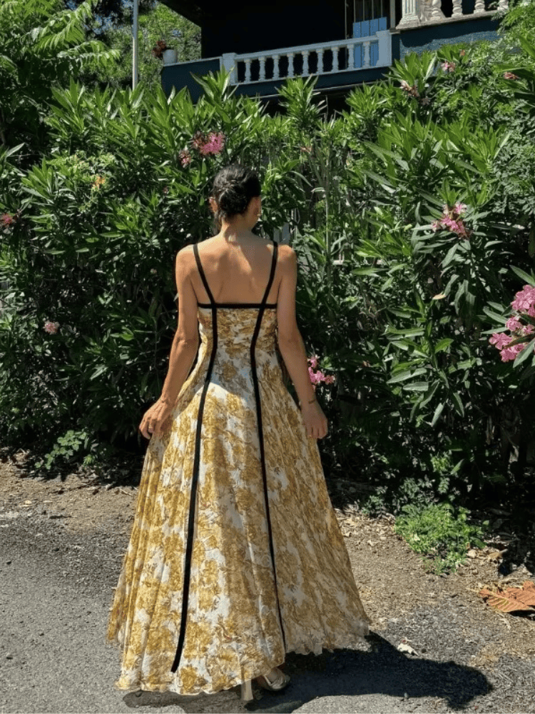 Vestido Floral Longo Plissado Amarelo