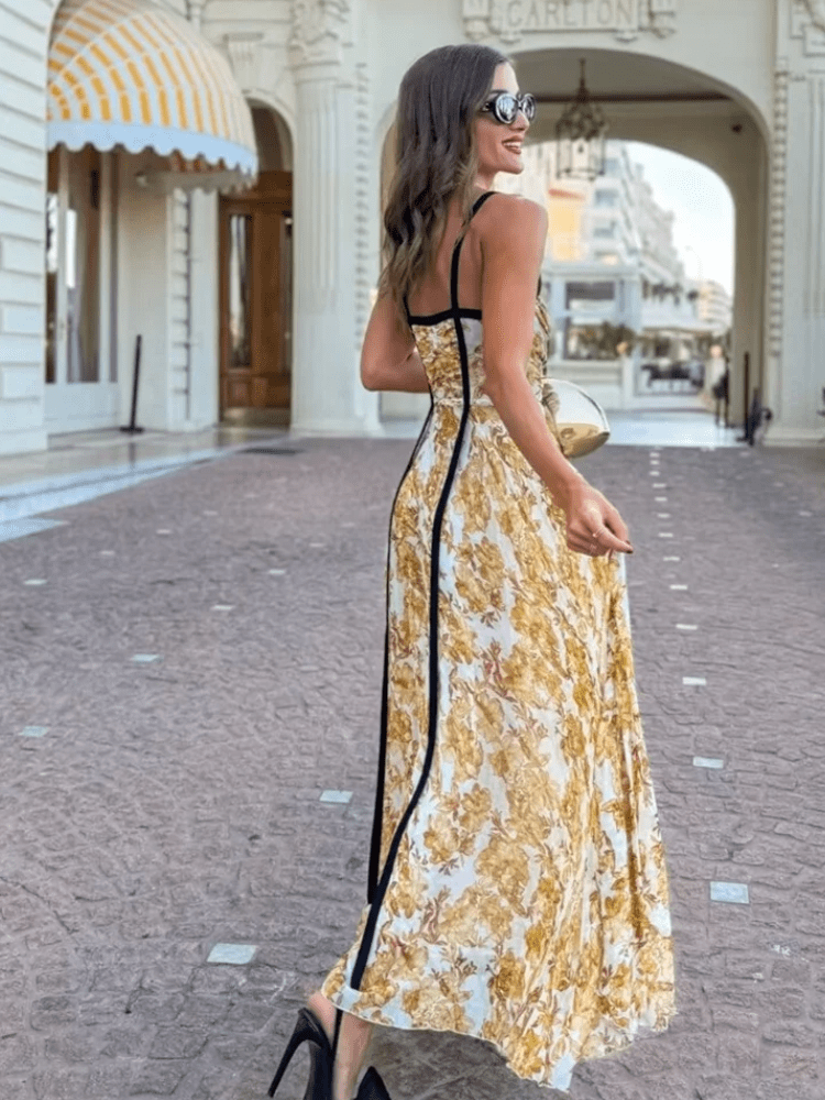 Vestido Floral Longo Plissado Amarelo