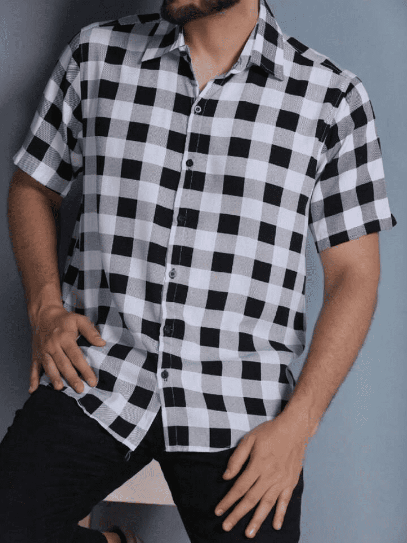 Camisa Xadrez Masculina Manga Curta Slim Preto