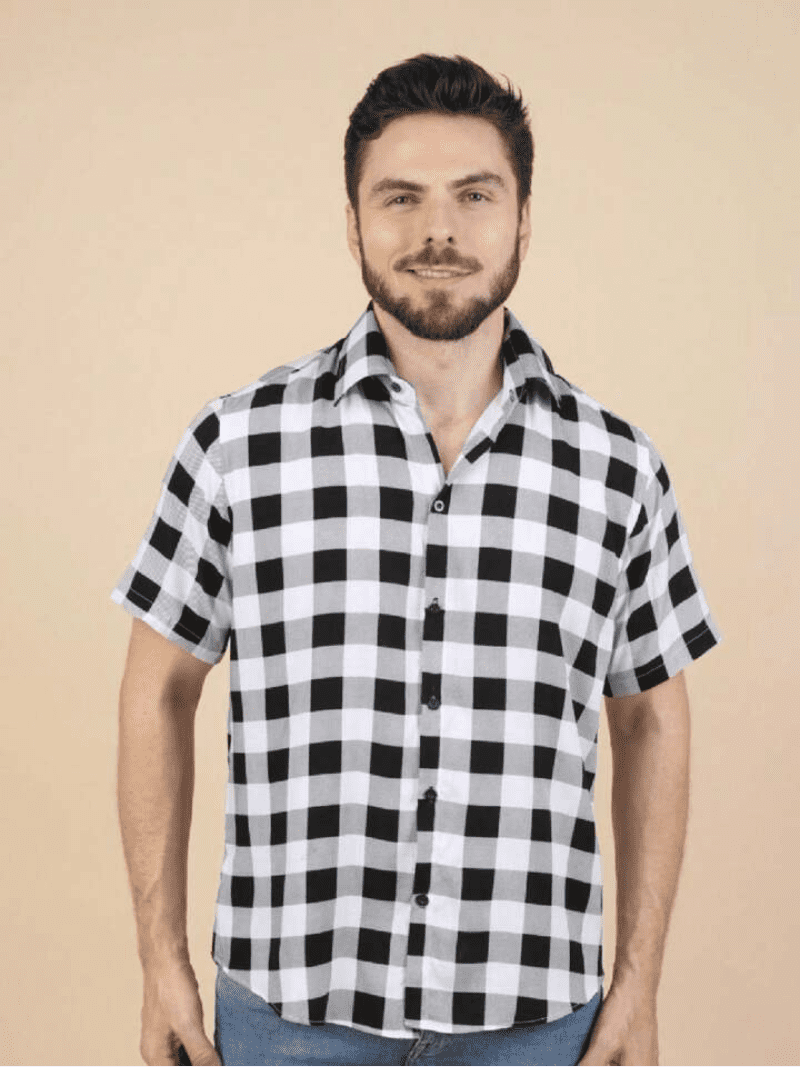 Camisa Xadrez Masculina Manga Curta Slim Preto