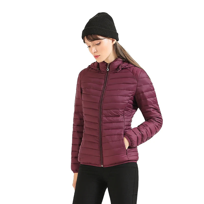 Jaqueta Puffer Feminina Acolchoada com Capuz Borgonha