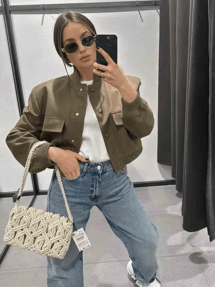 Jaqueta Bomber Feminina Curta de Tecido Zara Verde Escuro