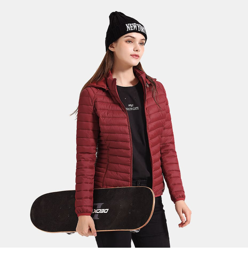 Jaqueta Puffer Feminina Acolchoada com Capuz Vermelho