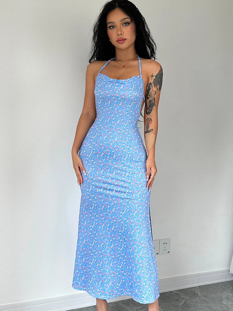 Vestido Midi Floral com Amarração Azul