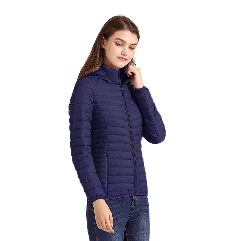 Jaqueta Puffer Feminina Acolchoada com Capuz Azul Marinho