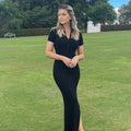 Vestido Longo de Manga Curta com Fenda Lateral Preto