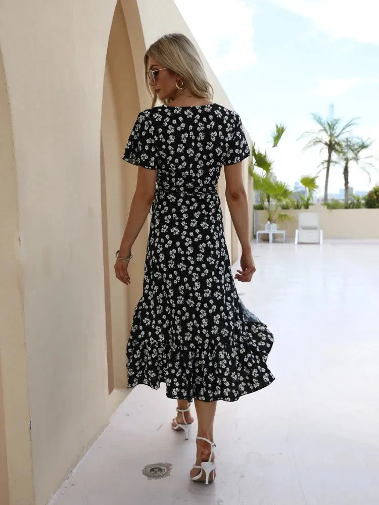 Vestido Floral Midi com Babados Preto