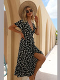 Vestido Floral Midi com Babados Preto