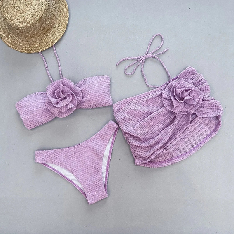 Conjunto Biquini 3 Peças Floral 3D Roxo