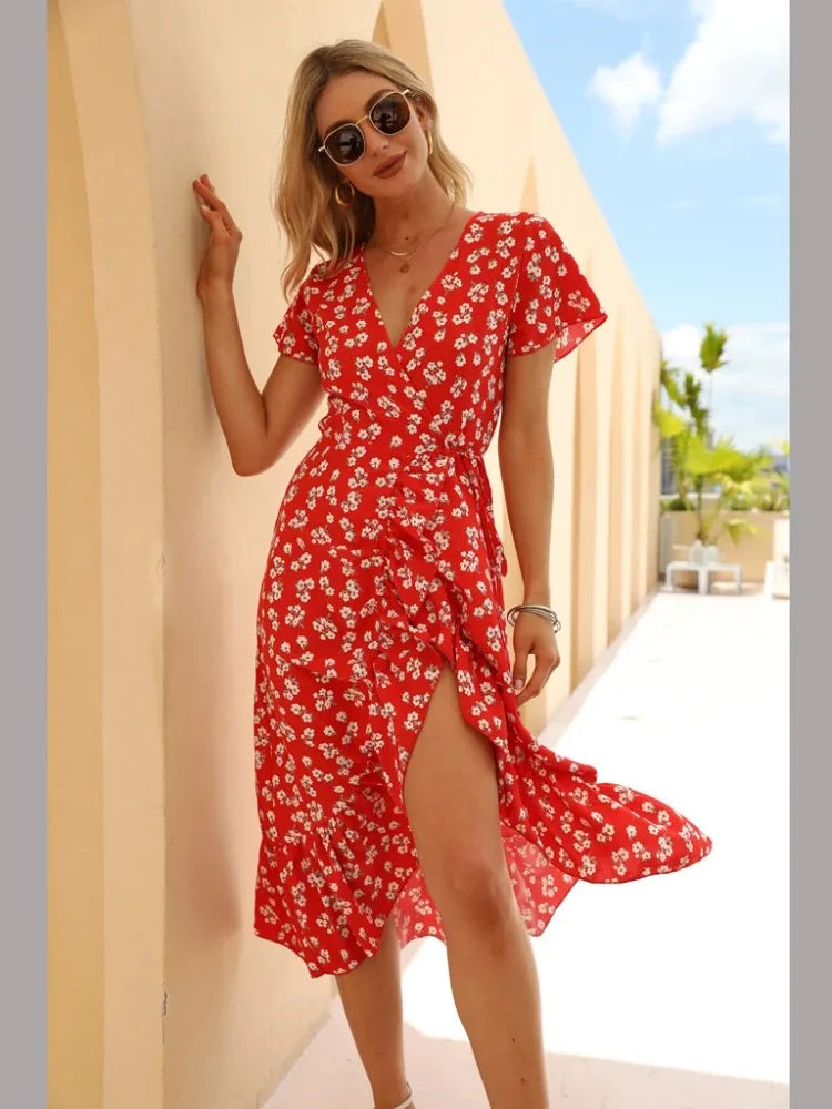 Vestido Floral Midi com Babados Vermelho