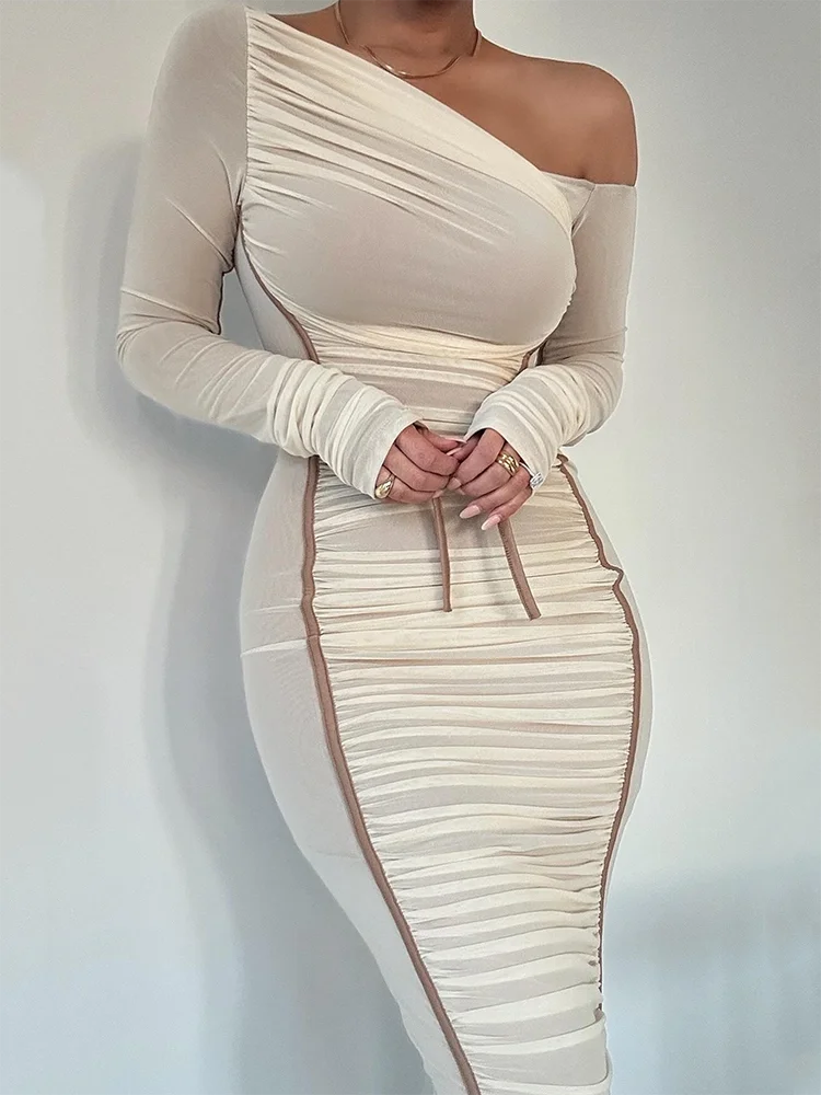 Vestido Plissado Midi com Tule Off White