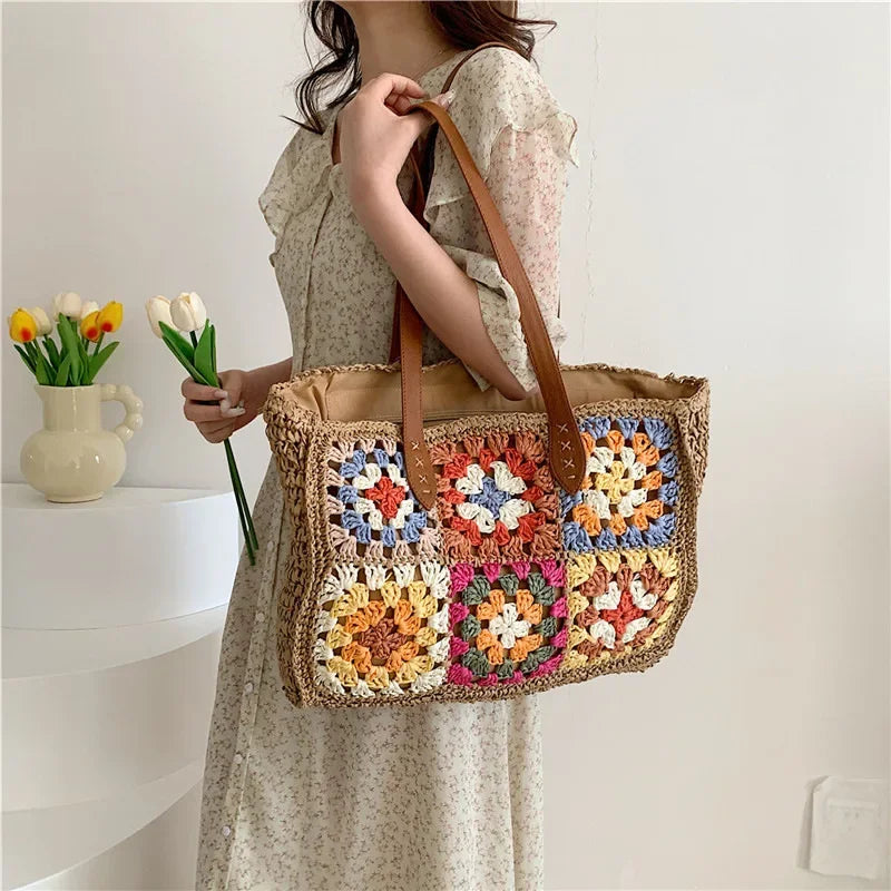 Bolsa de Crochê Quadrada Grande Flores Cáqui