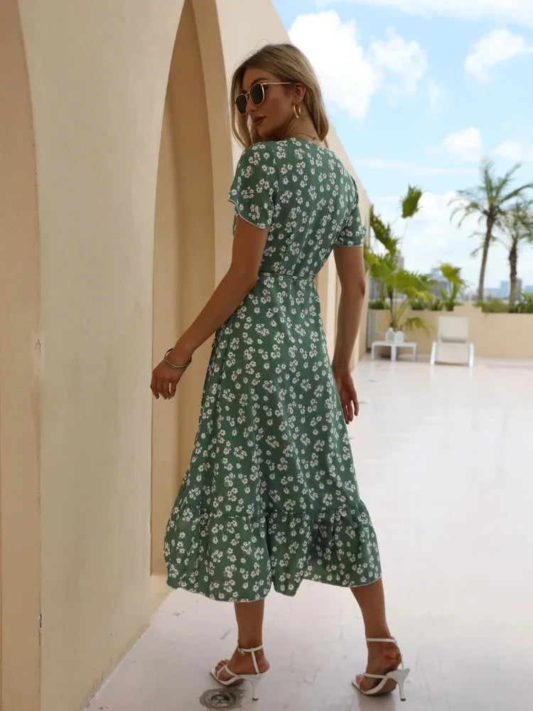 Vestido Floral Midi com Babados Verde