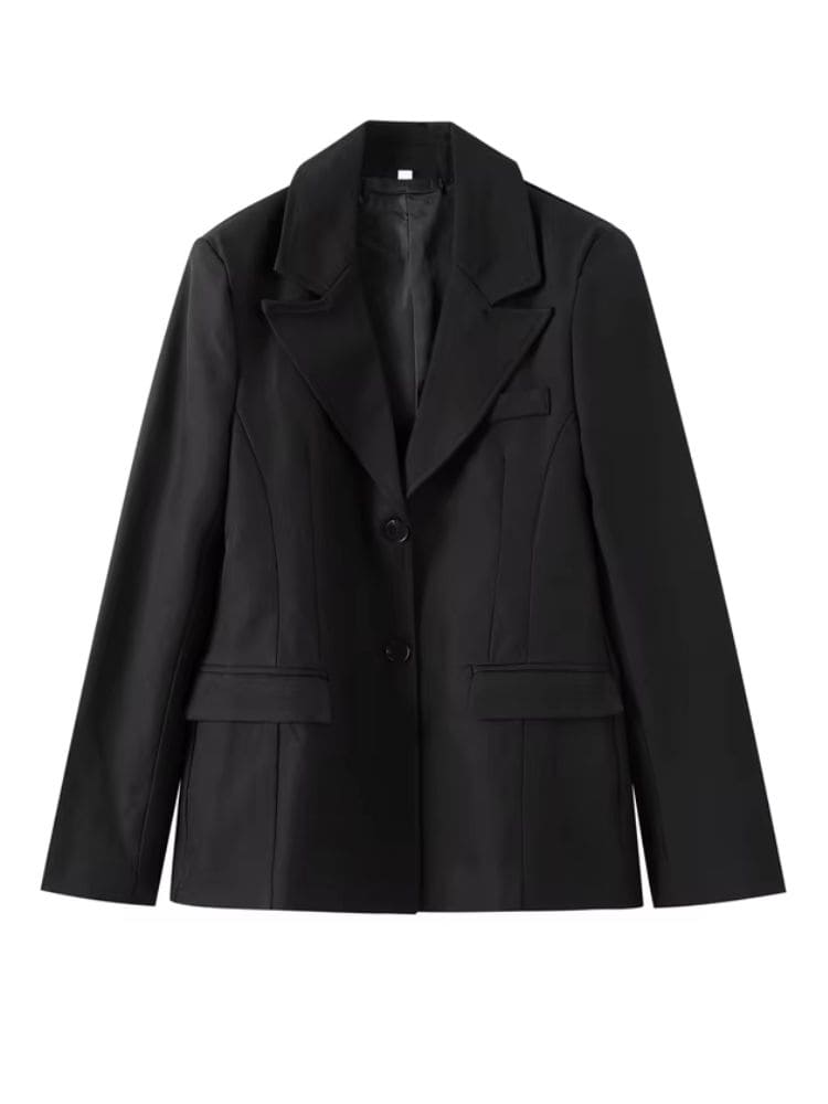 Blazer acinturado alongado preto, decote V profundo em Alfaiataria Estruturada Moda Origem