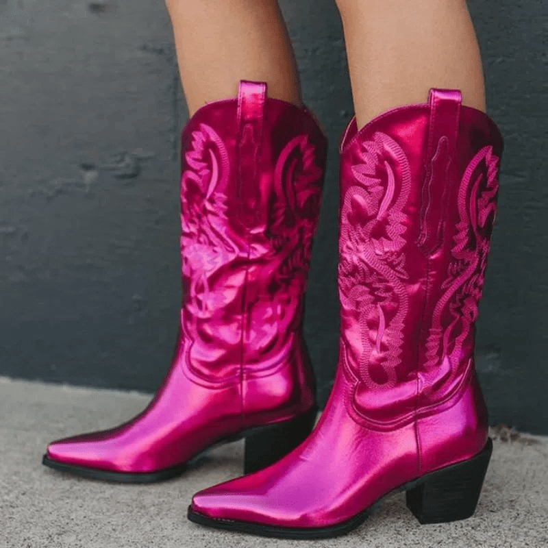 Bota Feminina Metalizada Western Cano Longo Pink