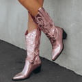 Bota Feminina Metalizada Western Cano Longo Rosa