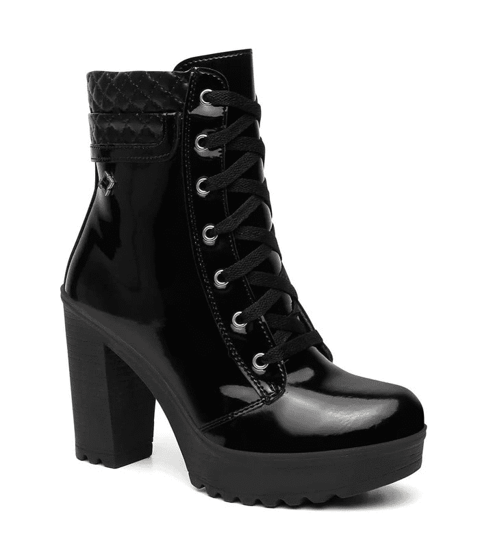 Bota Feminina Coturno Salto Grosso Tratorada Preto Verniz