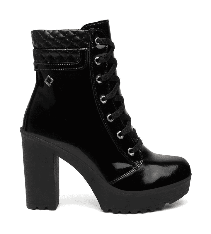 Bota Feminina Coturno Salto Grosso Tratorada Preto Verniz