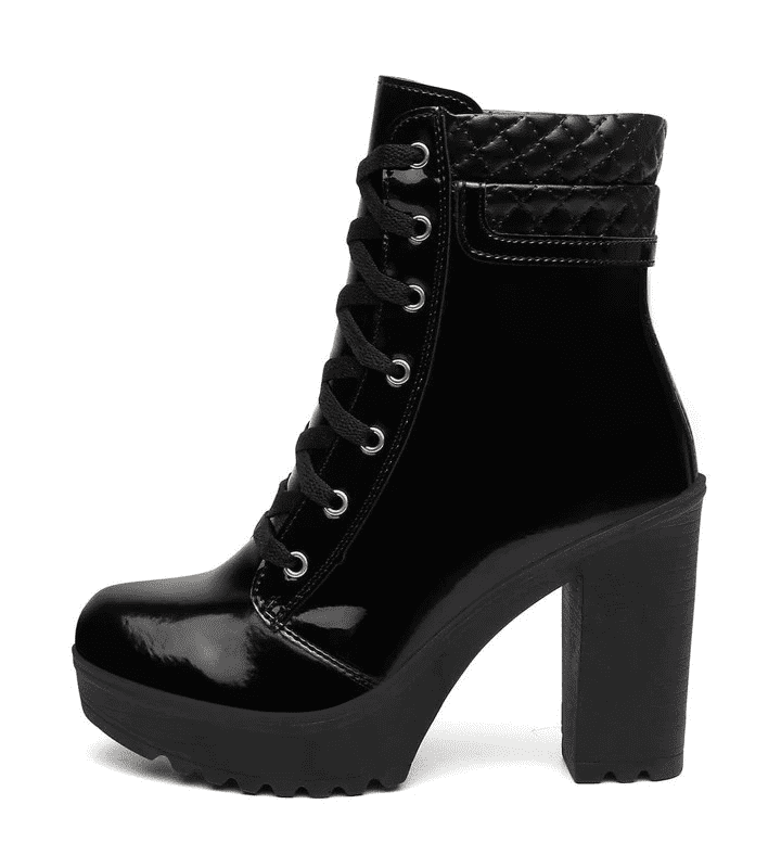 Bota Feminina Coturno Salto Grosso Tratorada Preto Verniz