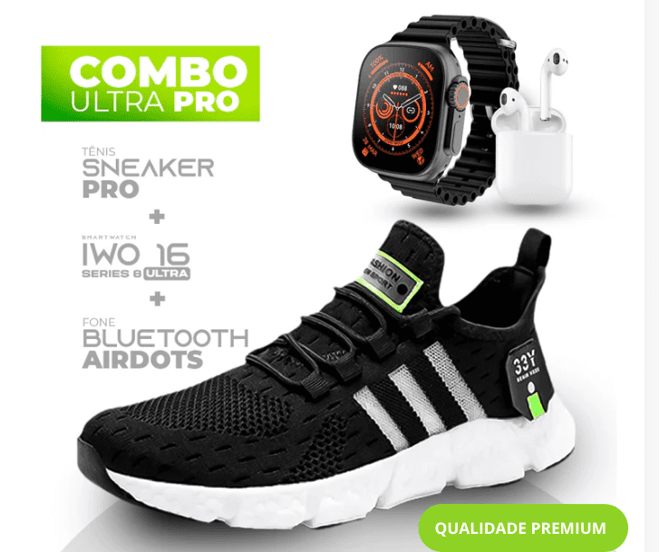 Combo Ultra Pro 3 em 1 -  TÊNIS SNEAKER PRO + SMARTWATCH IWO SERIES 8 ULTRA + FONE BLUETOOTH PRO