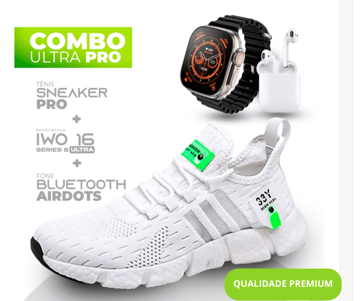 Combo Ultra Pro 3 em 1 -  TÊNIS SNEAKER PRO + SMARTWATCH IWO SERIES 8 ULTRA + FONE BLUETOOTH PRO