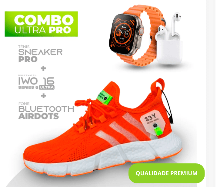 Combo Ultra Pro 3 em 1 -  TÊNIS SNEAKER PRO + SMARTWATCH IWO SERIES 8 ULTRA + FONE BLUETOOTH PRO