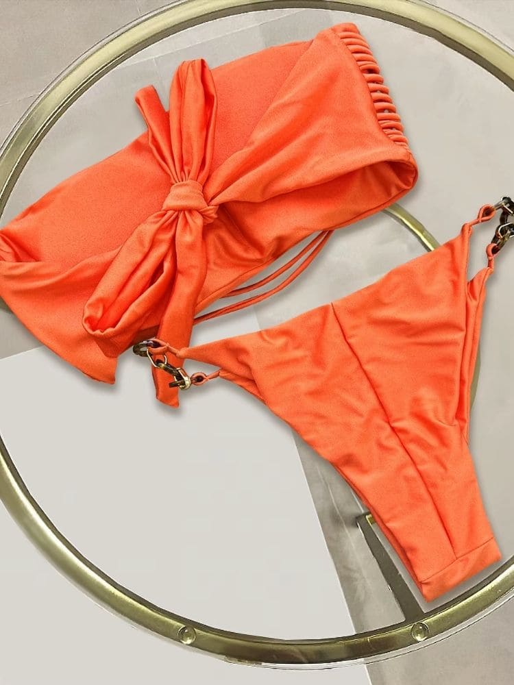 Costas do conjunto biquíni laranja tomara que caia com amarração, Moda Origem