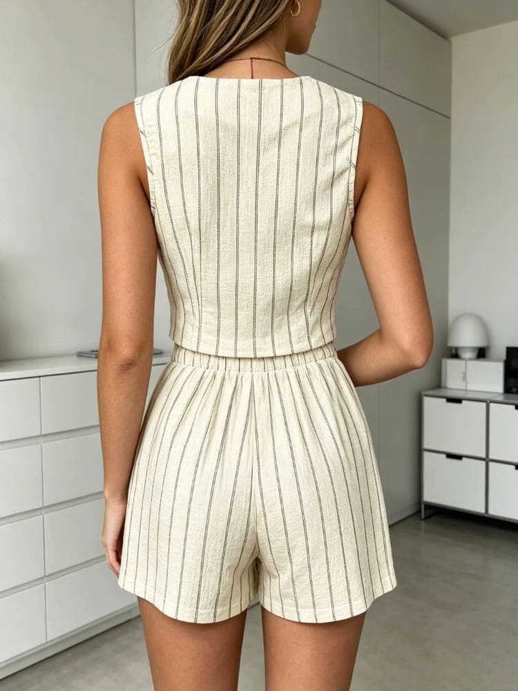 Modelo de costas exibindo o acabamento e o caimento confortável do conjunto feminino de colete e short amarelo