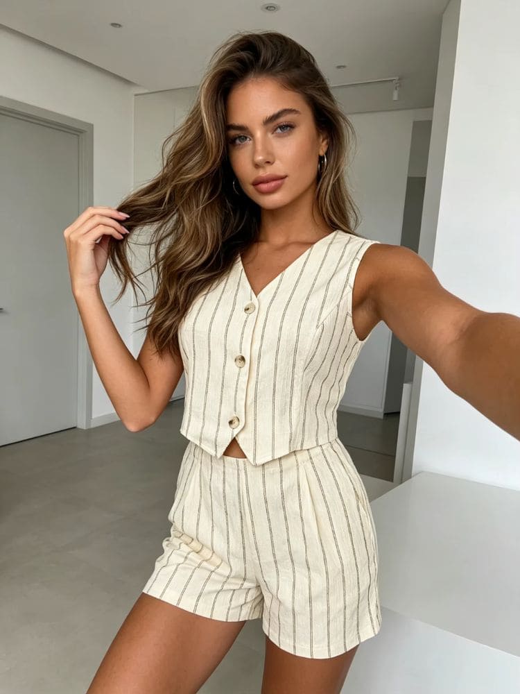 Modelo de frente vestindo look completo com conjunto feminino de colete de malha texturizada e short amarelo Moda Origem