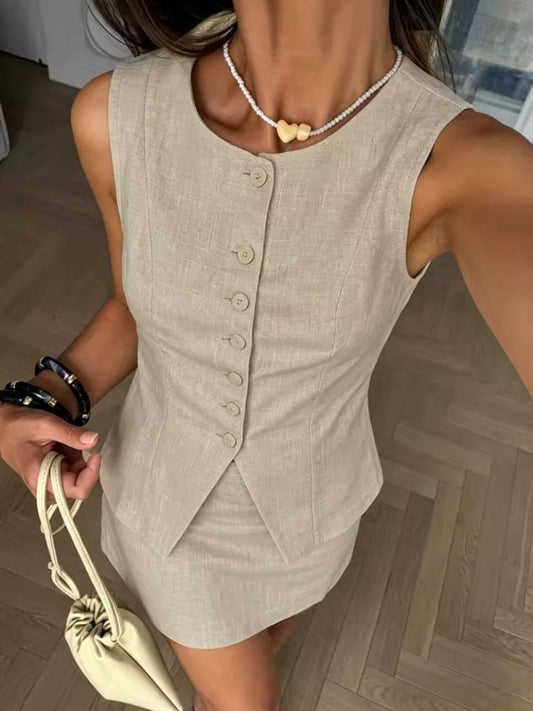cabamento refinado do colete de alfaiataria feminino com abotoamento simples e decote O-neck da Moda Origem