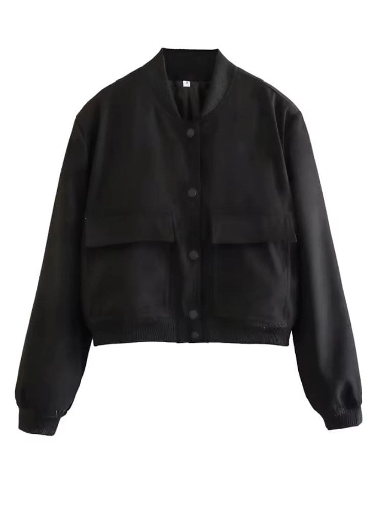 Jaqueta bomber feminina curta estilo Zara preta em sarja estruturada, acabamento minimalista e elegante Moda Origem.