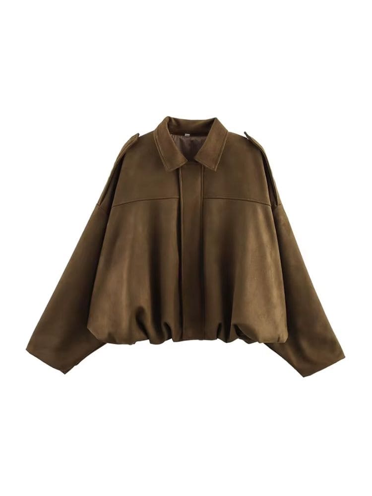 Casaco feminino bomber em camurça marrom chocolate estilo vintage e modelagem ampla, Moda Origem.