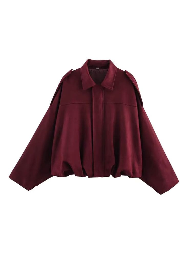 Casaco feminino bomber em camurça marsala estilo vintage e modelagem ampla, Moda Origem.
