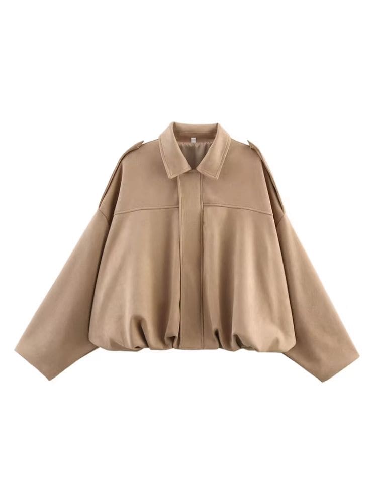 Jaqueta feminina de camurça bege clara oversized com gola lapela e toque macio, Moda Origem.