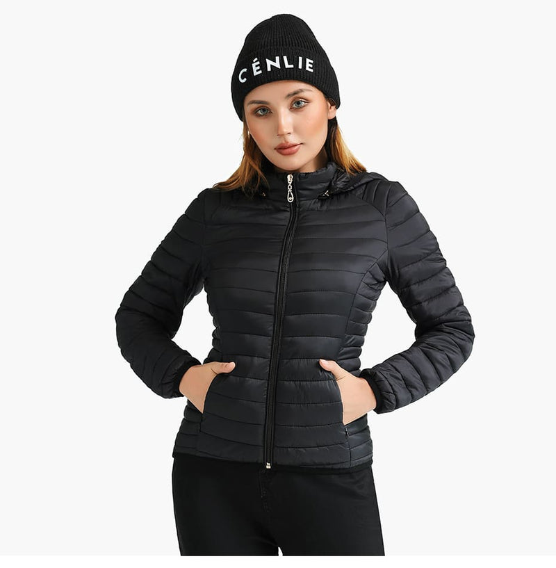 Jaqueta Puffer Feminina Acolchoada com Capuz Preto