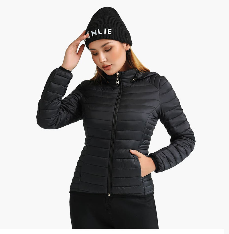 Jaqueta Puffer Feminina Acolchoada com Capuz Preto