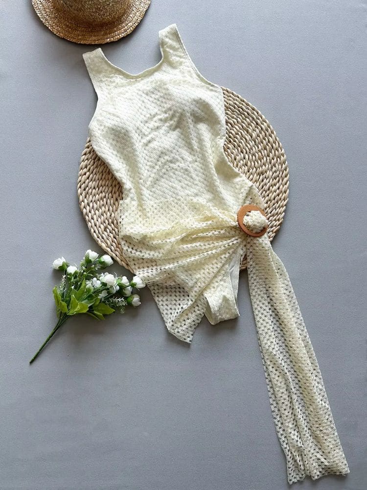 Close no crochê premium do maiô feminino com saia elegante – Moda Origem