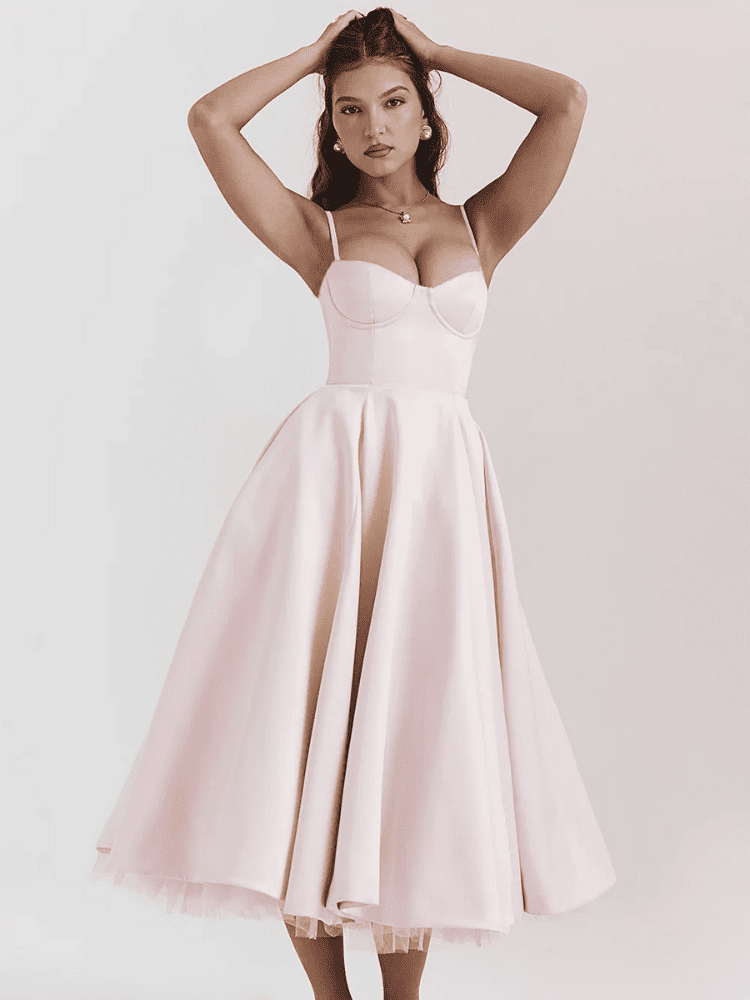 vestido midi elegante rosa para festa de aniversario moda origem